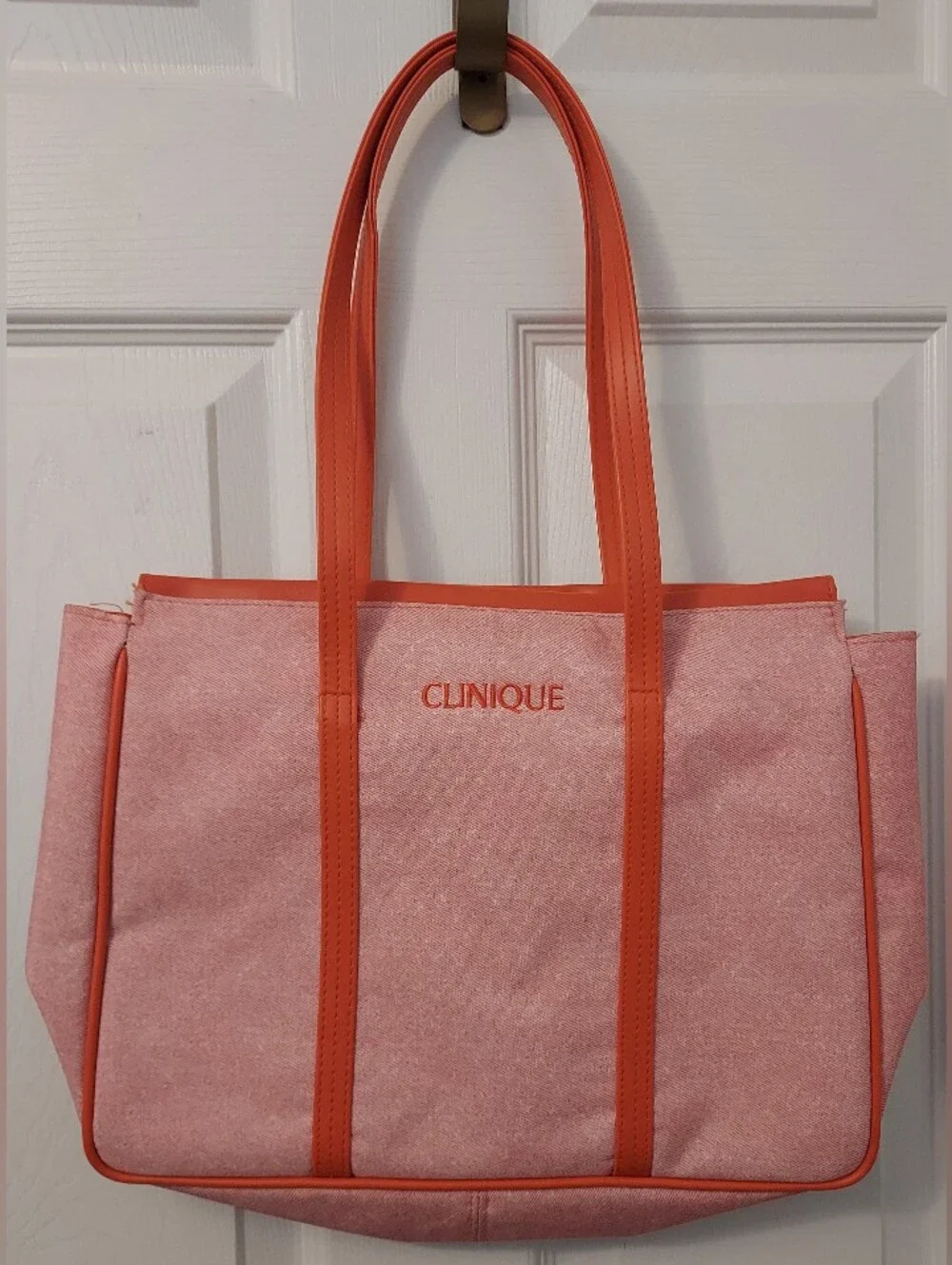 Clinique Pink Canvas Tote with Orange Trim and Straps